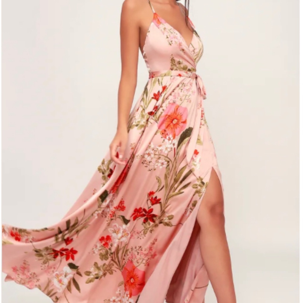 lulu’s Blush pink Satin floral maxi dress